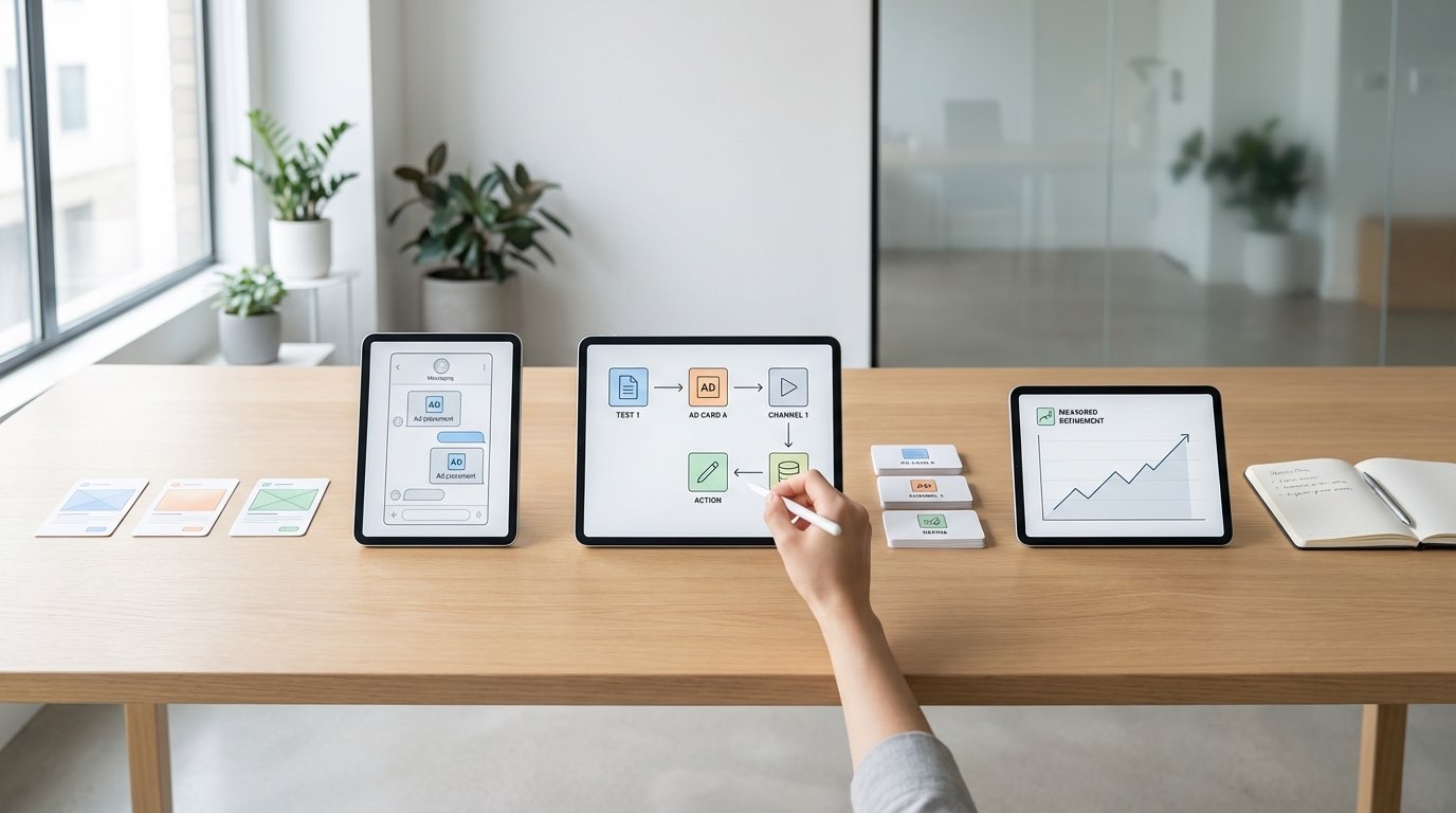 Практический операционный экран MAX-рекламы с тестами, проверкой гипотез и управлением рекламной моделью